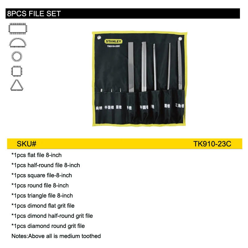 Stanley 8pc file set flat half round triangular files kit with pouch for jewelry glass metal working carpentry tools woodworking