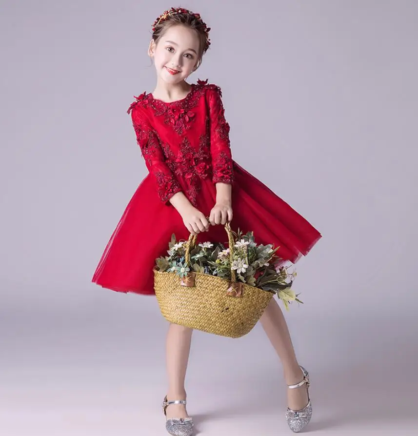 Glizt Red Tulle Long Sleeve Flower Girl Dress for Wedding Party Pageant Princess Floral Baby Baptism Gown First Communion Dress