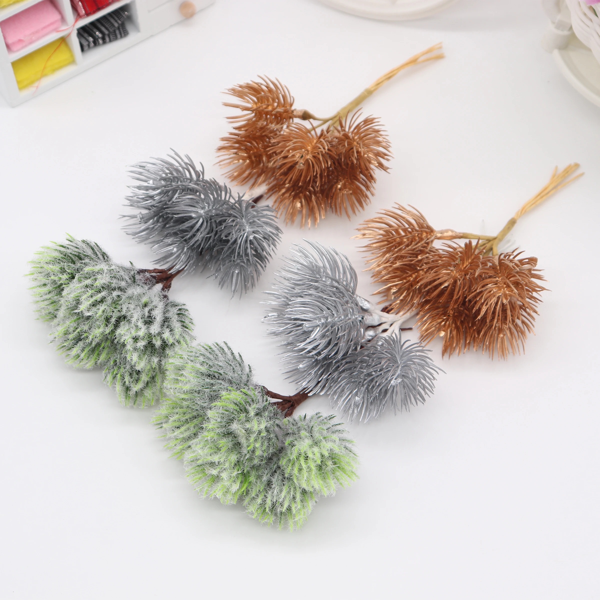 6pcs Mini Artificial pine needles Gold sliver Christmas Artificial flowers for Wedding Wreath DIY Christmas Decoration