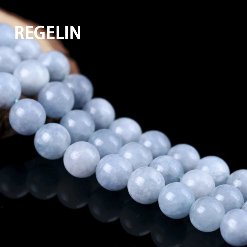 REGELIN  8MM Natural Stone Angelite Round Loose Beads 6-14mm For Jewelry Making Strand 15\