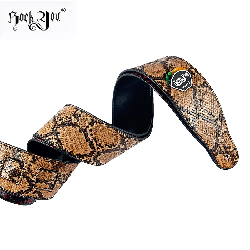 Rockyou Snakeskin Pattern Guitar Strap Free 2 Paddles Durable Adjustable Acoustic Electric Bass Strap Guitar Accessories