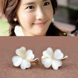 Grace Jun(TM) High Quality Clover Flower 4 heart  Shape Opal Clip on Earrings Without Piercing for Girls Party  Needn't Ear Hole