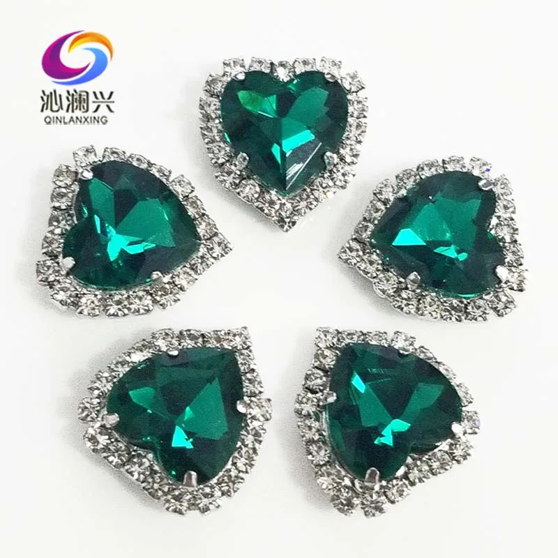 Heart Shape Malachite Green Crystal Glass Rhinestones, Silver Base Sew on Buckle, Used for Needlework, DIY/Sewing Accessories