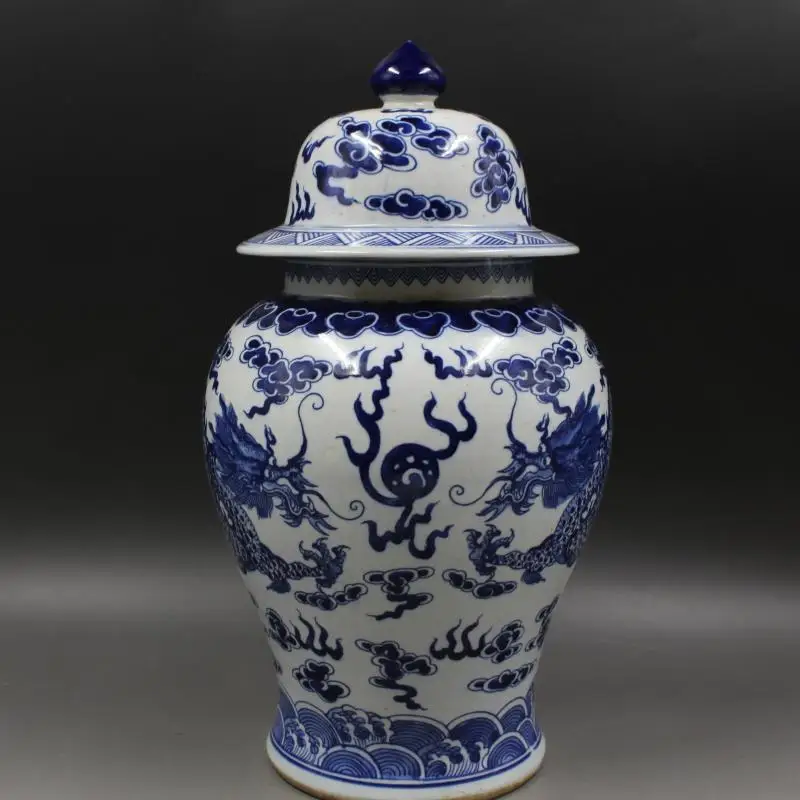 Jingdezhen ceramic jar Kangxi's year mark blue and white double dragon pattern general tank antique porcelain household