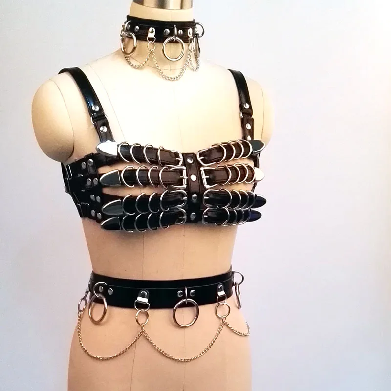 100% Handcrafted Choker Harness Caged TOP Bra Belt Body Chest PU Leather Waist Belt With Chains Link