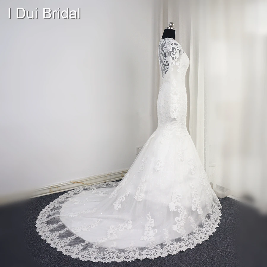 Robe De mariée sirène à manches longues, avec des Appliques en dentelle, Illusion De perles, au dos