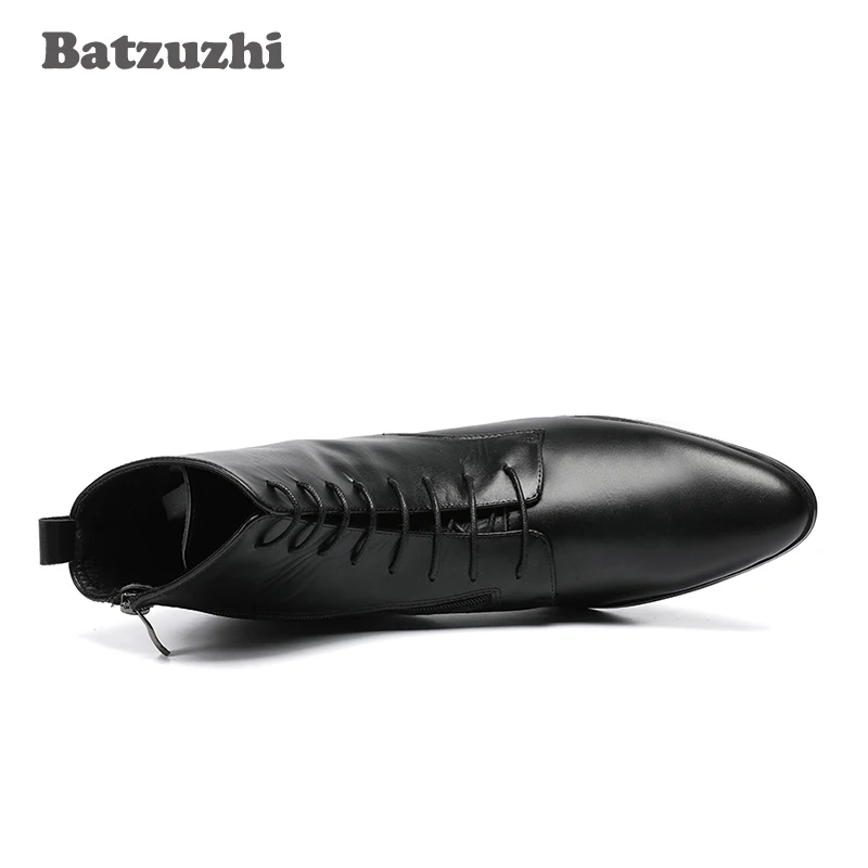 Batzuzhi Cowboy Boots Men High Heels 6.8cm Black Soft Leather Ankle Boots Thick Heels Men Shoes Zapatos Hombre Lace Up Man Boots