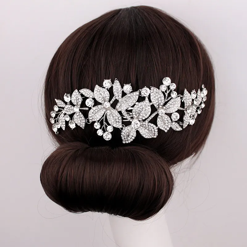 2023 New Fashion Long Flower Wedding Hair Comb Clear Rhinestone Crystal Hair Accessories Hairpins for Women Jewelry Gifts