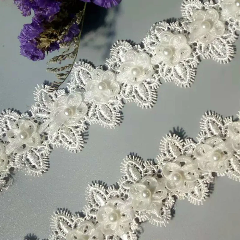 1 yard off-white Cotton Flower Pearl Embroidered African Lace Fabric Trim Ribbon Sewing Supplies Craft For Costumes Decoration