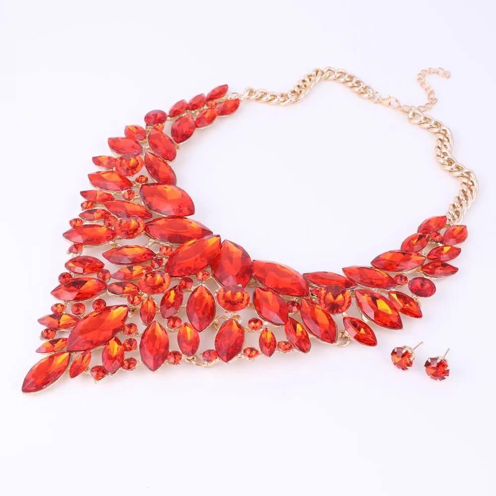 Luxury Gold Color Red Crystal Bridal Statement Jewelry Set For Brides Necklace Earring Wedding Party Accessories Jewelry Sets