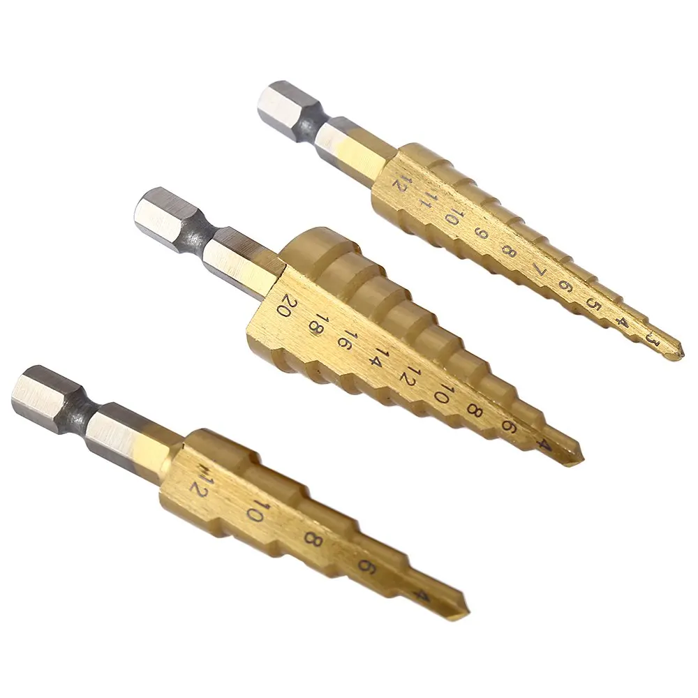 3 bocados de broca titanium de aço da etapa de hss dos pces 3-12mm 4-12mm 4-20mm ferramentas de corte do cone da etapa do woodworking de aço conjunto de perfuração do metal da madeira