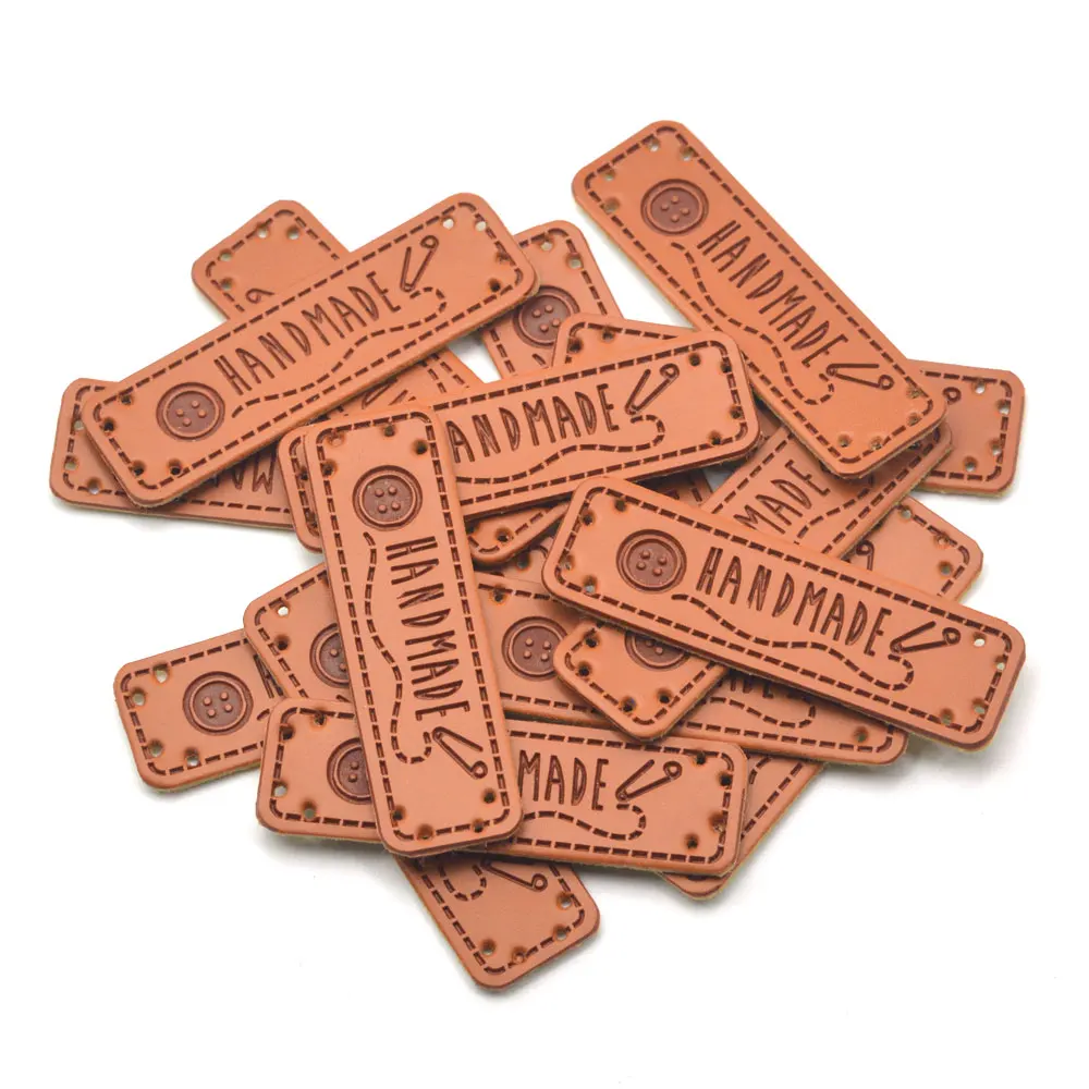 KALASO Wholesale 30pcs Buttons Handmade Labels Clothes Garment PU Leather Labels Hand Made Tags Jeans Bags Shoes Sewing Supplies