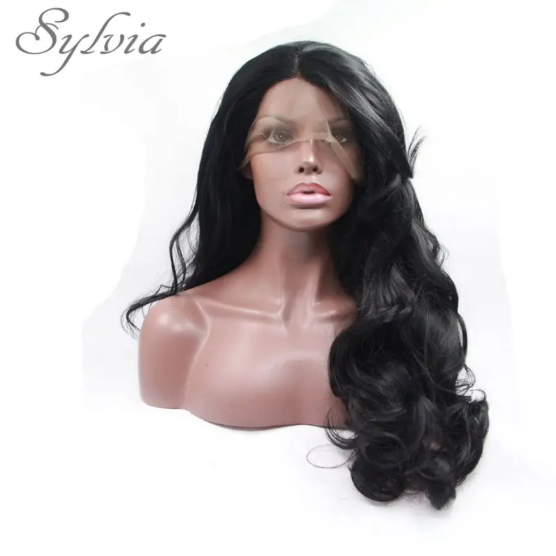 Sylvia Long Black Body Wave Hair Side Bangs 1B Synthetic Lace Front Wig For Black Women Heat Resistant Hair Wig Half Hand Tied