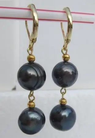 

free shipiing 10-11MM AAA BLACK PEARL DANGLE EARRING 14K/20 YELLOW GOLD MARKED