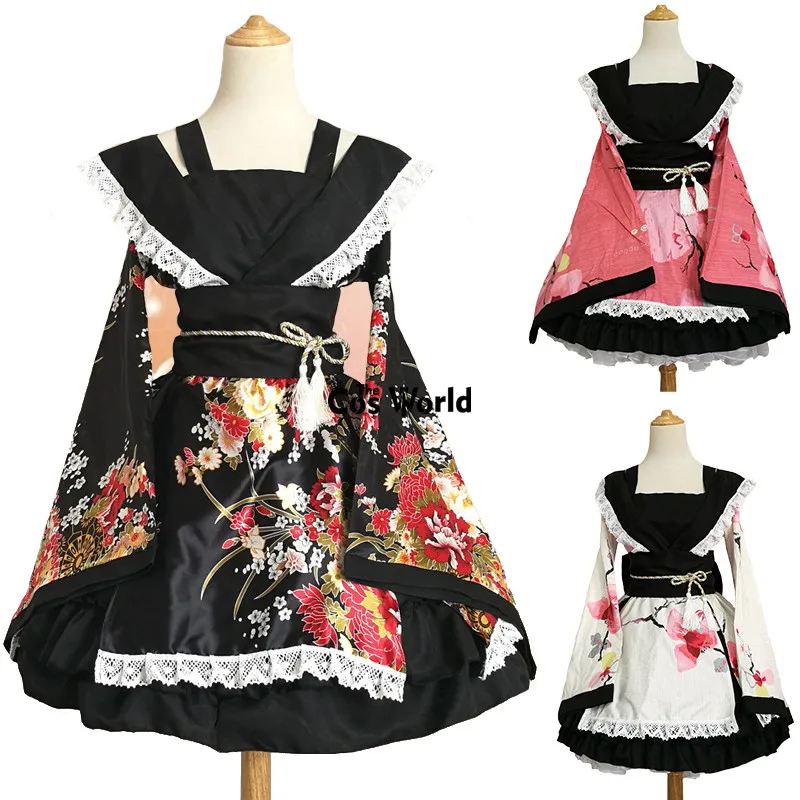 Lolita GokuRakuJoudo Flower Kimono Yukata Maid Dress Meidofuku Outfit Anime Cosplay Costumes