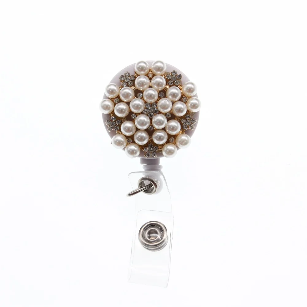 10 pieces free shipping Wholesale Multi Styles Pearl Flowers Retractable ID Badge Holder Reel