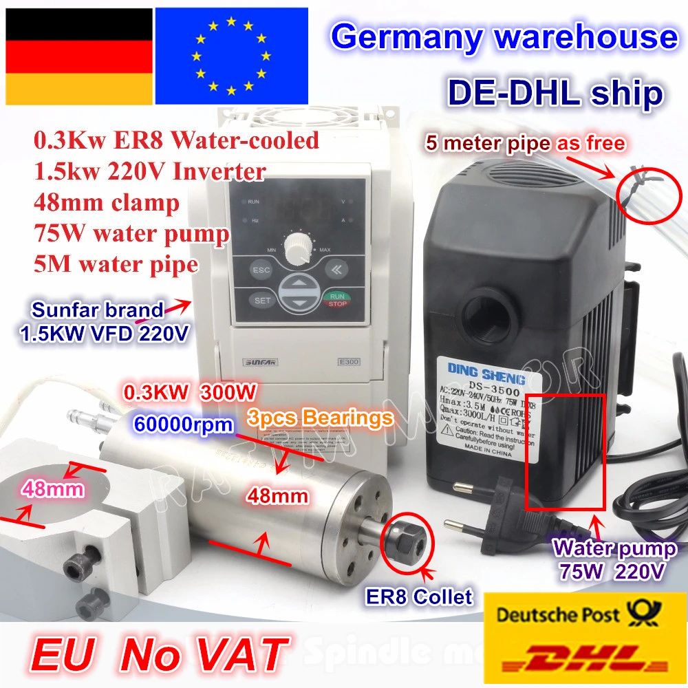 

0.3KW 300W Water-cooled Spindle Motor 4.5A 60000rpm & 1.5KW VFD Inverter 220V & 48mm Bracket & Water Pump/Pipe for CNC Router