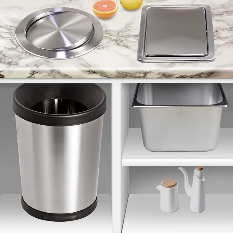 Stainless Steel Flap Flush Recessed Built-in Balance Swing Flap Lid Cover Trash Bin Garbage Can Kitchen Counter Top