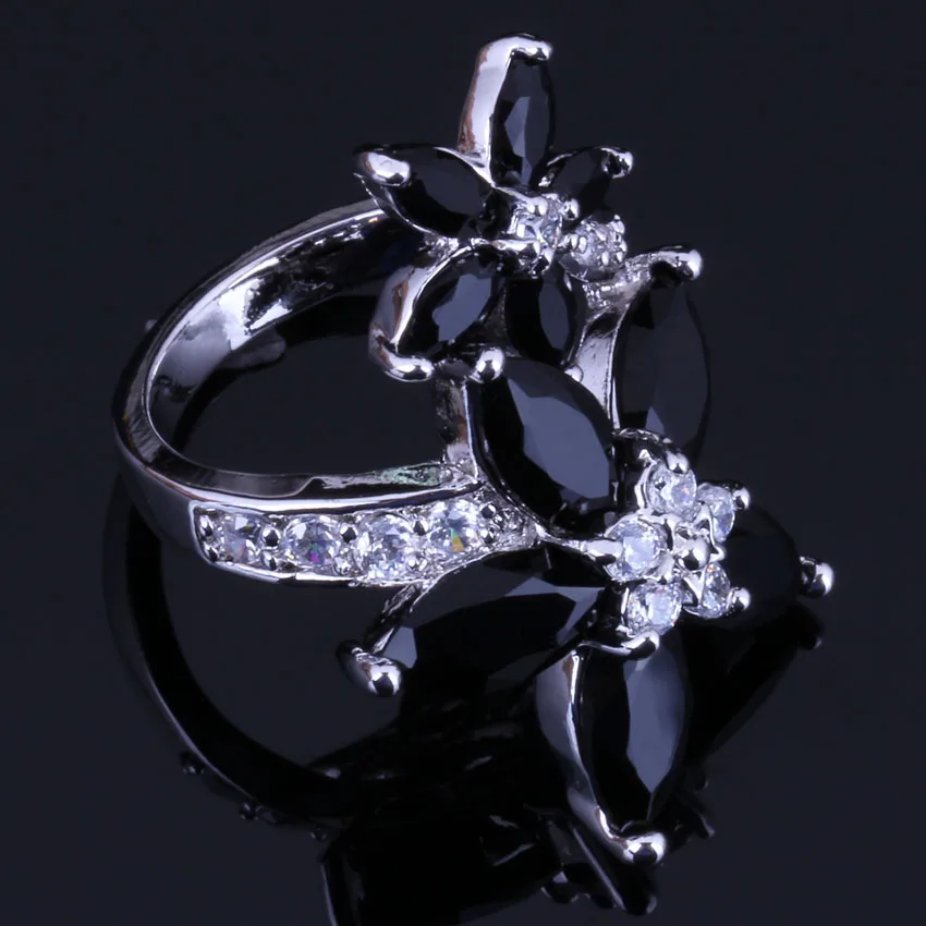 Silky Star Black Cubic Zirconia White CZ Silver Plated Ring V0516