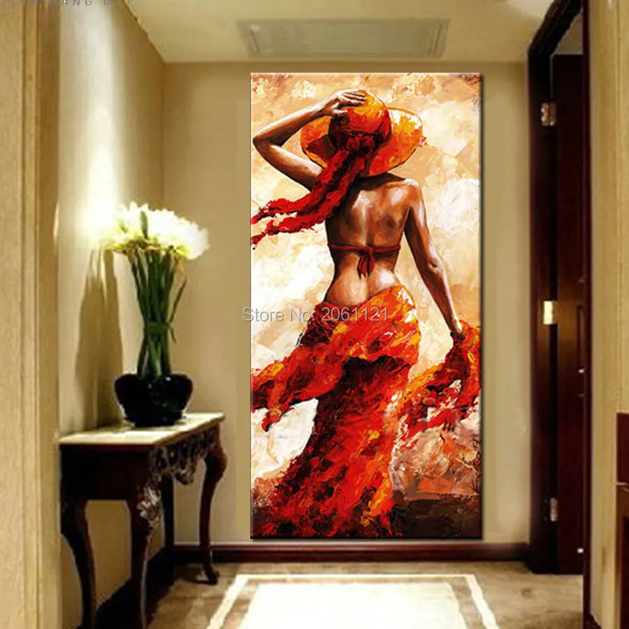 

hand painted large living room decorative oil painting view of back girl beautiful women red canvas figure picture large art