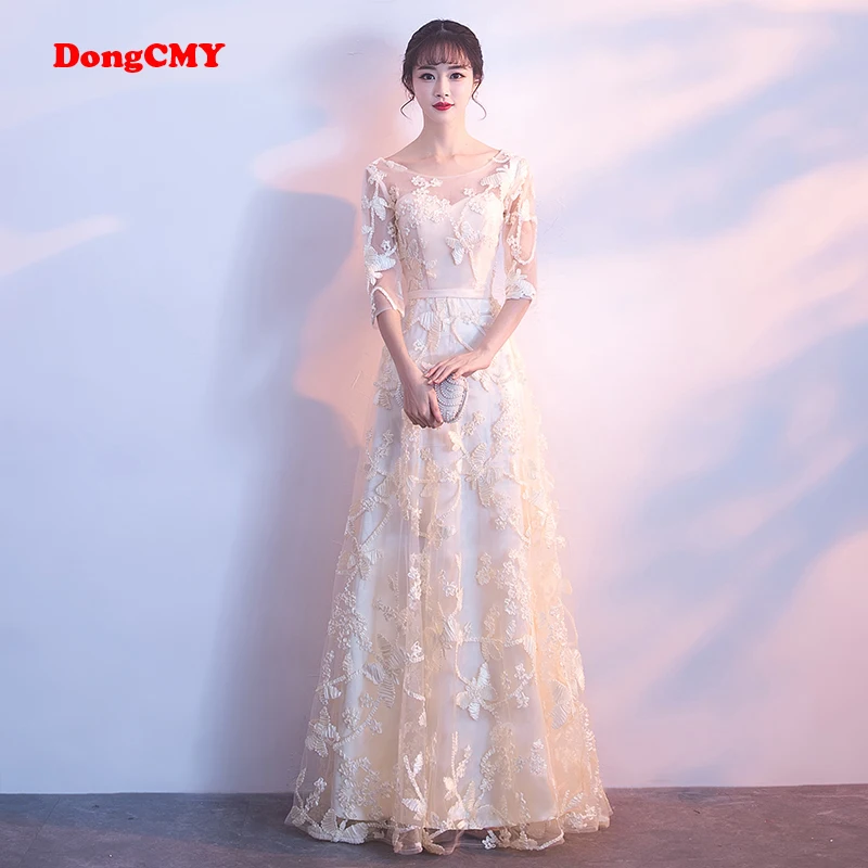 

DongCMY 2024 new O-Neck Natural Waist Prom dresses fashion vestidos Women Flower champagne color long party Dress