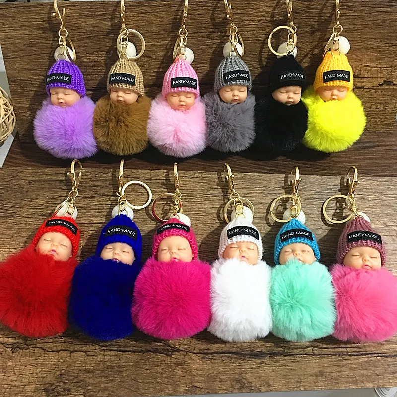 Fashion Sleeping Baby Doll Keychain Women Fluffy Pompom Key chain llaveros pom pom keyring Key Holder Bag Chaveiro Pompon Porte