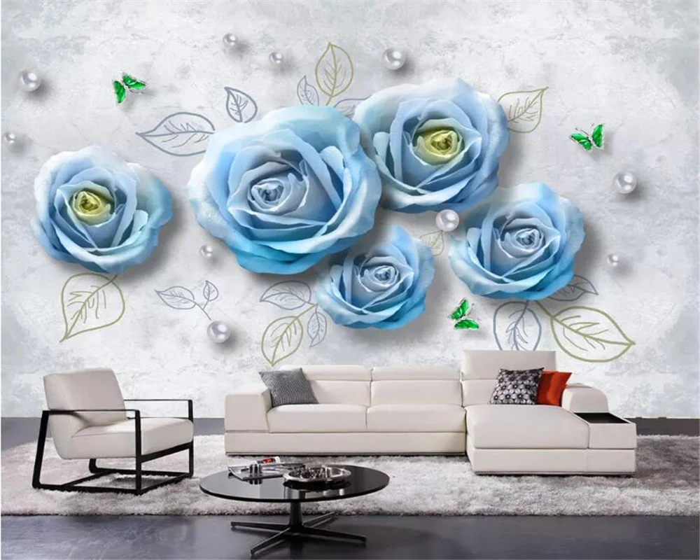 

beibehang Custom 3D Photo Wallpaper Beautiful Blue rose pearl soft bag TV Wall Mural Living Room Bedroom Waterproof 3d Wallpaper