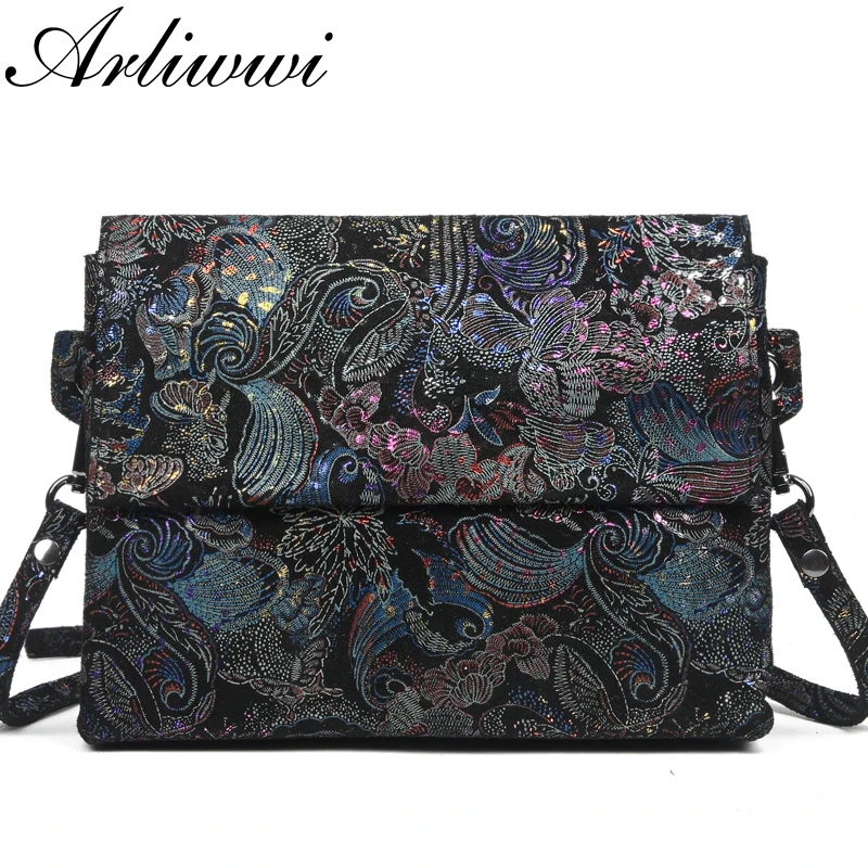 Arliwwi Designer New Luxury Soft Real Genuine Leather Lady Crossbody Messenger Elegant Gift Shiny Floral Handbag Bags GY07