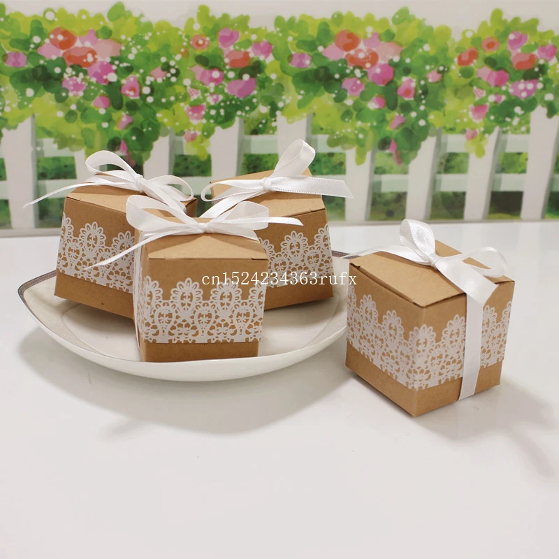 

500pcs Paper Candy Box Gift Box Rustic and Lace Kraft Favor Box With Ribbon Wedding Favor and Party Decoration