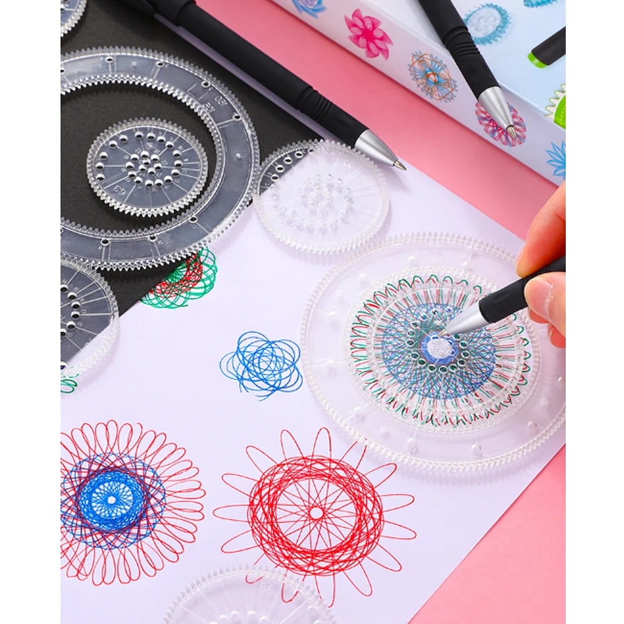 Spiral Drawing Toys Set 22PCS Interlocking Gears & Wheels Drawing Accessories,8pcs blue Ruler Set Educational Toys