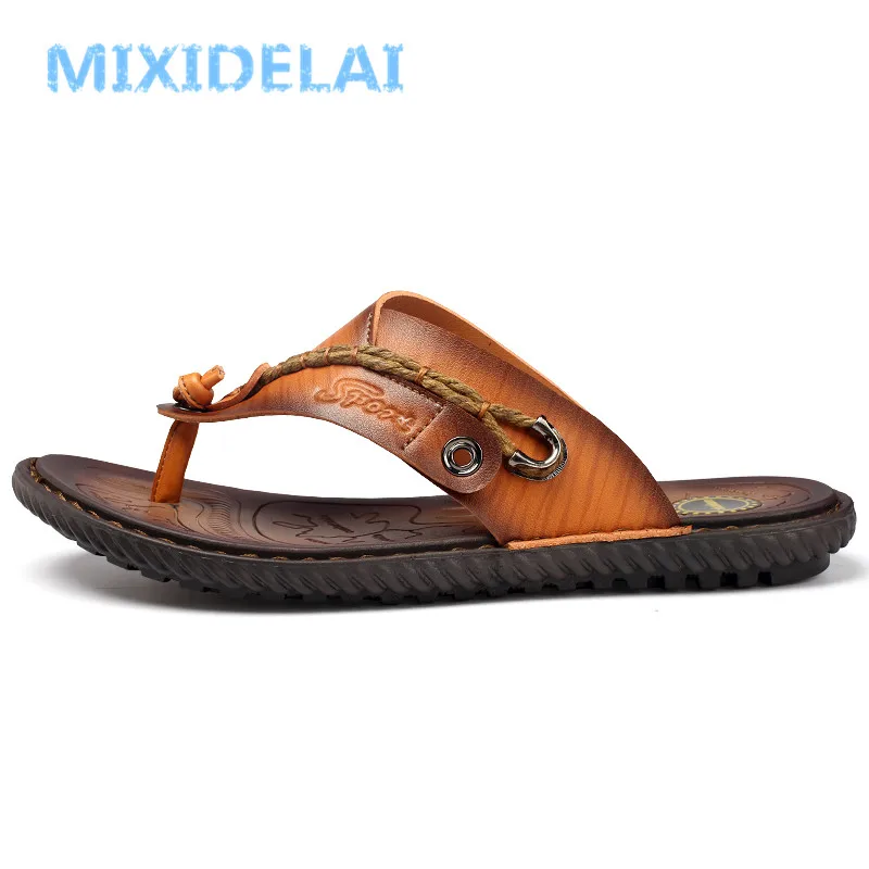 MIXIDELAI Men Sandals Summer Shoes Men Beach Sandals Brand Men Casual Shoes Flip Flops Leather Sneakers Men Slippers Size38-46