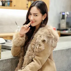 2019 Winter Ladies' Genuine Natural sheepskin  Fur Coat Jacket with  Fur hood Women long Fur Outerwear Coats Jacket