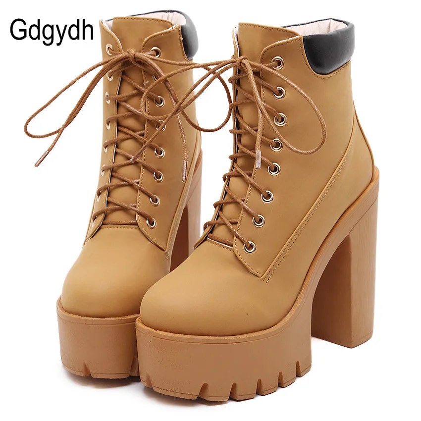 Gdgydh Fashion Spring Autumn Platform Ankle Boots Women Lace Up Thick Heel Platform Boots Women\'s Chunky Heeled Short Boots