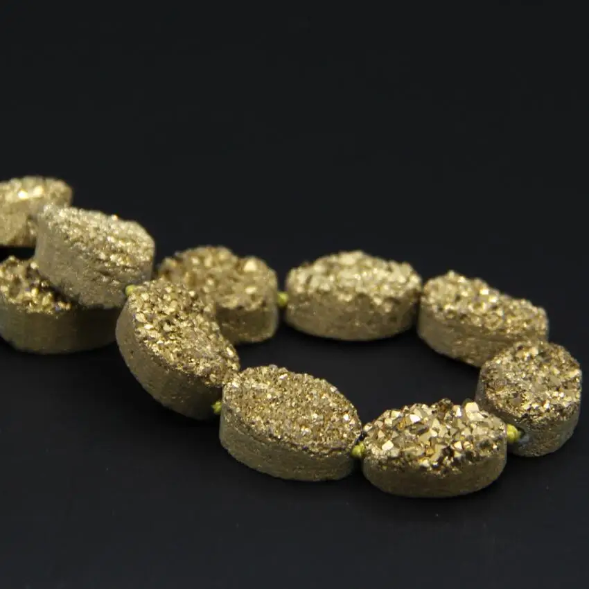 Approx11PCS/strand Natural Quartz Geode Drusy Oval Slab Nugget Beads,Gold Titanium Roug Agates Crystal Druzy Slice Pendant