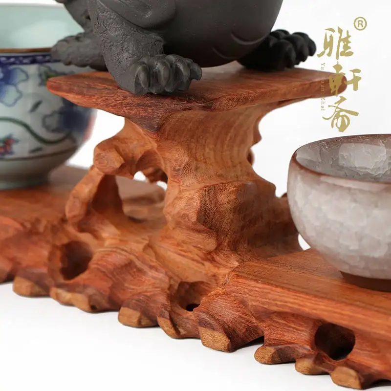 Z jade stone carving rosewood Zhai Gallery base decoration crafts teapot base high and two low.