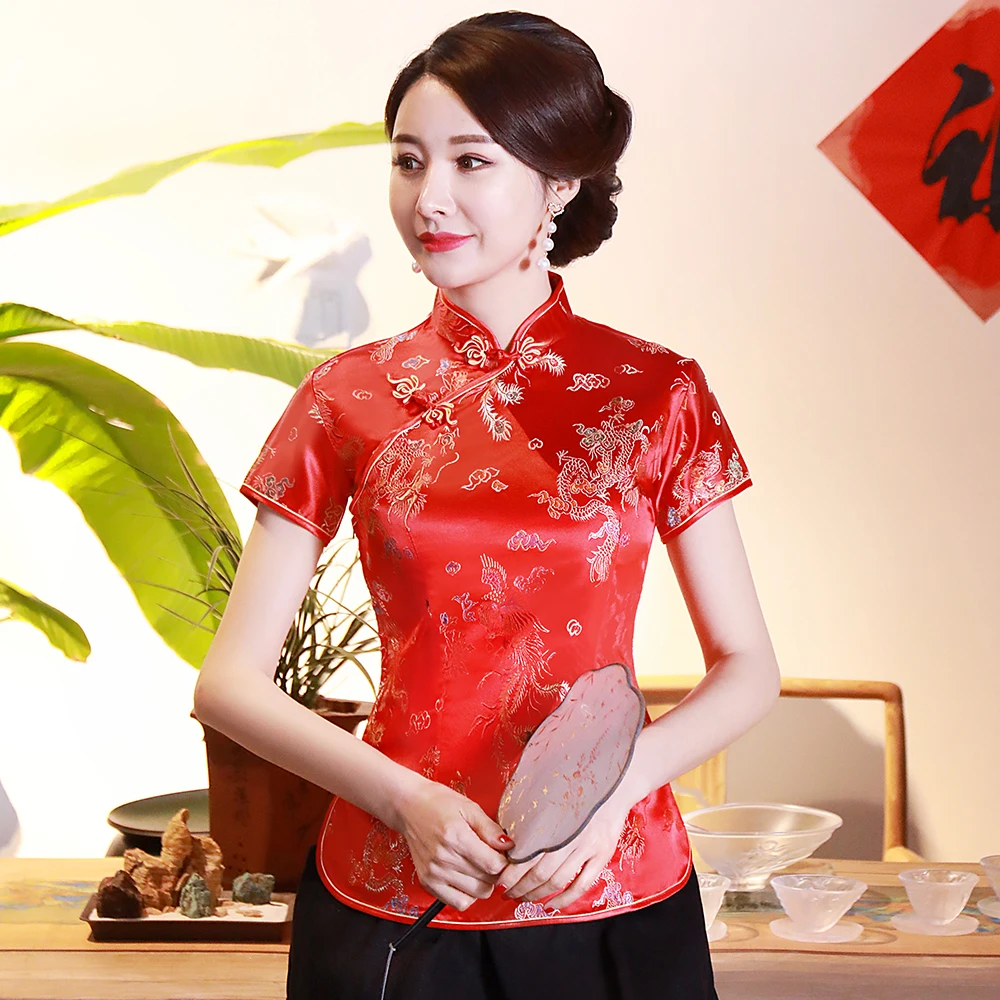 Gold Traditional Chinese Satin Blouse Summer New Sexy Short Sleeve Women Shirts Novelty Dragon&Button Top Clothing S-4XL