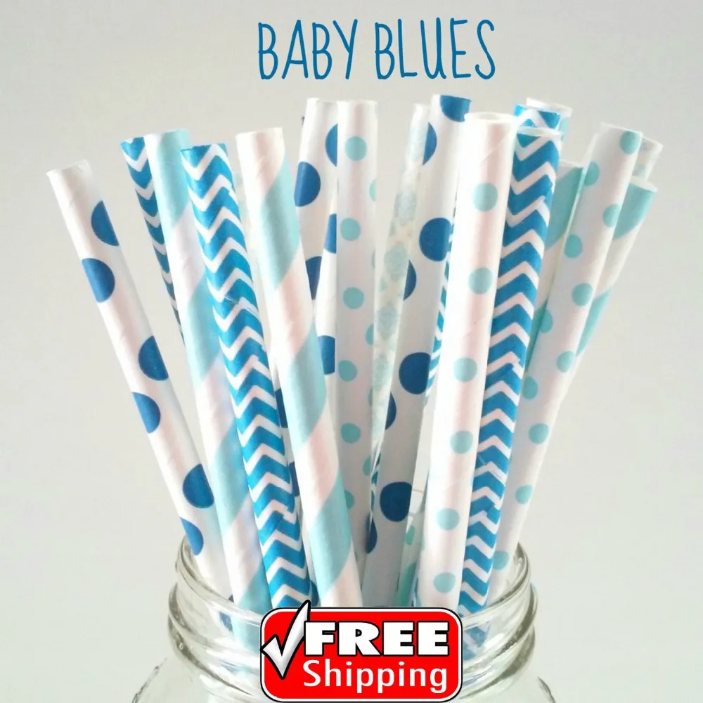 250 Pcs Mix 5 Designs BABY BLUES Themed Paper Straws-Light Blue and Royal Blue-Chevron,Striped,Dot,Damask Shower Birthday Party