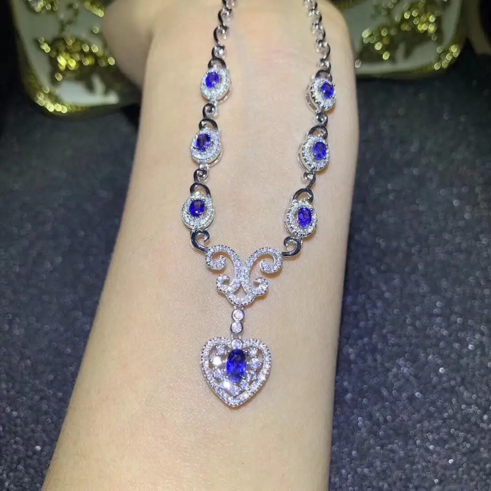 attractive blue sapphire gemstone necklace for women jewelry real 925 silver natural sapphire girl party gift heart shape