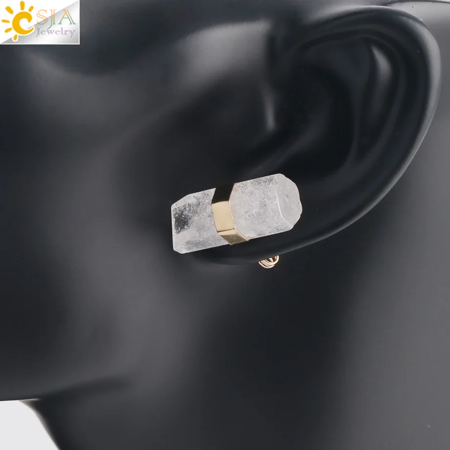 CSJA Natural Stone Stud Earrings Geometric Crystal Pillar Pink Quartz Earring for Women Healing Fashion Ear Jewellery G033