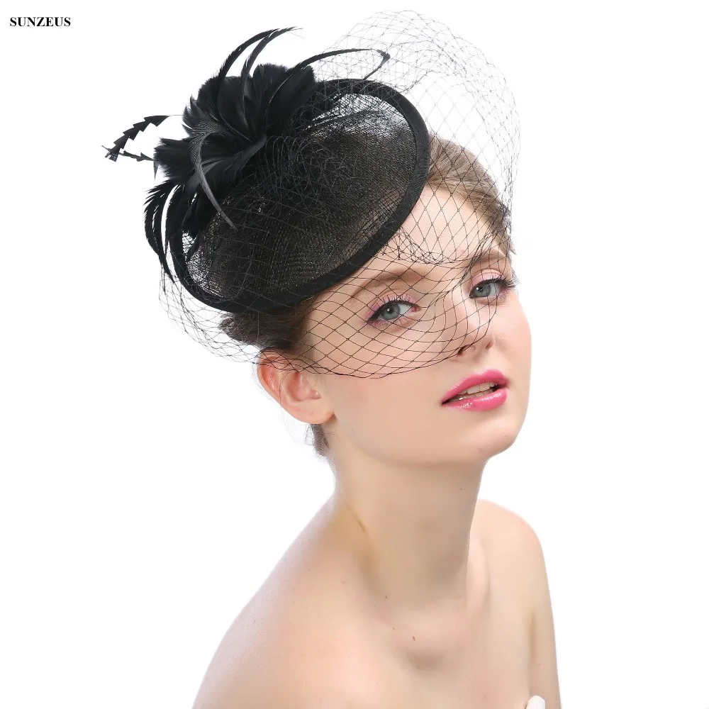 Black Feathers Wedding Hats And Fascinators Line Women Bridal Hat With Veil accessoires mariages SQ034