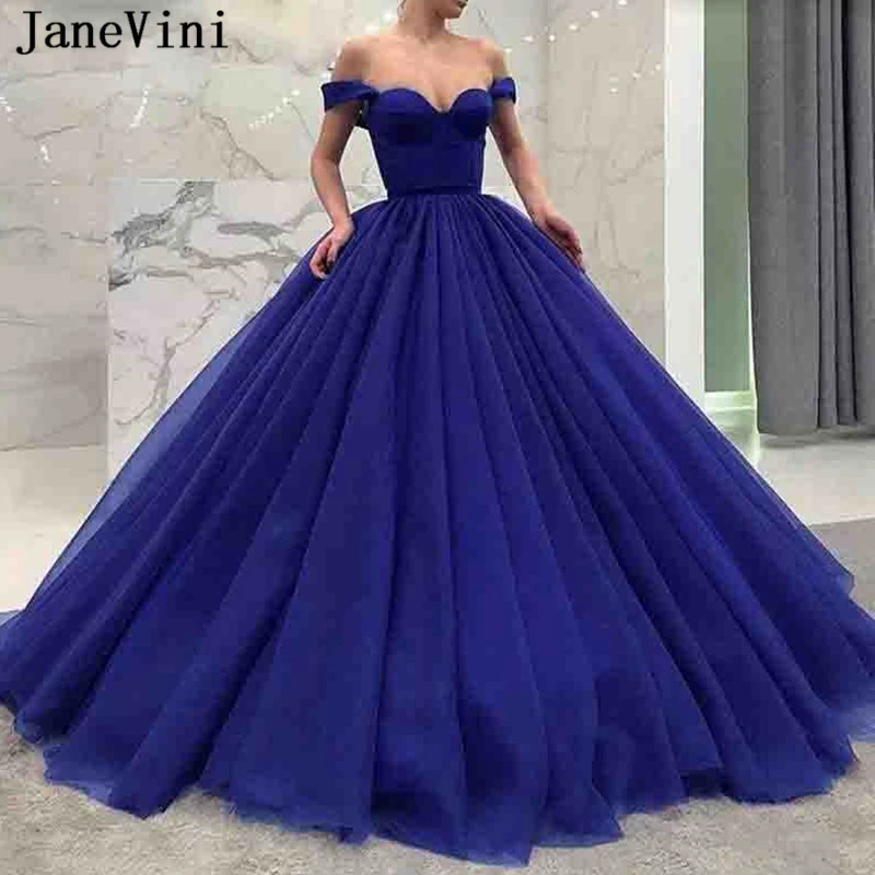 JaneVini Charming Royal Blue Prom Dress Off Ball ชุดชั้นใน Backless Tulle Plus ขนาด Prom Dresses Vestidos สำหรับเด็ก