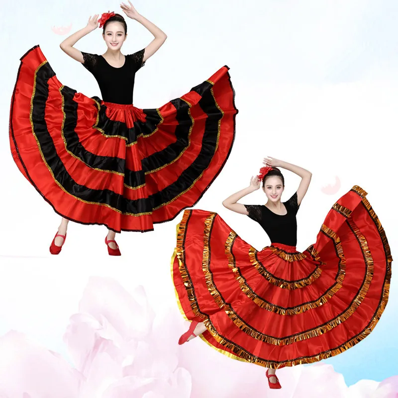 Neueste frauen Rabatt Spanisch Bauchtanz Kleid Lange Flamenco Röcke Rot mit schwarz Flamenco Kleider