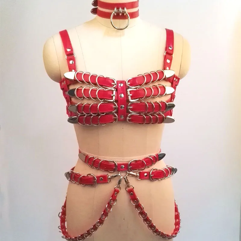 100% Handcrafted Heavy Duty Bra Top Women Harness PU Leather Cosplay Caged Chest Top Belt Choker Harness Waist Cincher Straps