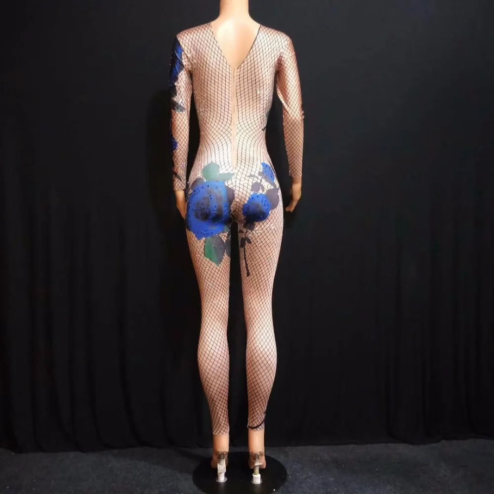 Blue Rose Bunga Dicetak Celana Kodok Colorful Rhinestones Bodysuit Kinerja Pesta Ulang Tahun Merayakan Bersinar Kostum Dansa Pakaian