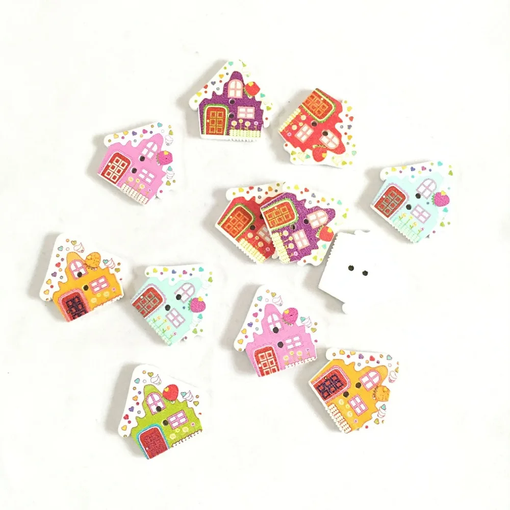 50PCs Colorful Cartoon Small house Cute Wood Sewing Button 2 Holes For Sewing ,DIY,Decorate  7NK216