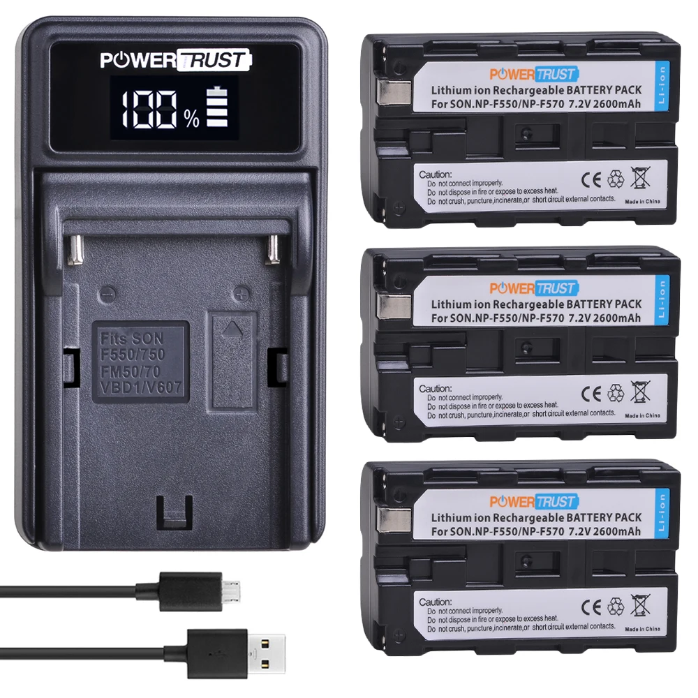 PowerTrust 3Pcs 2600mAh NP-F550 NP-F330 NP-F530 NP-F570 Battery+New LED USB Charger for Sony 6K Pro CCD-SC55 CCD-TRV81 MVC-FD81