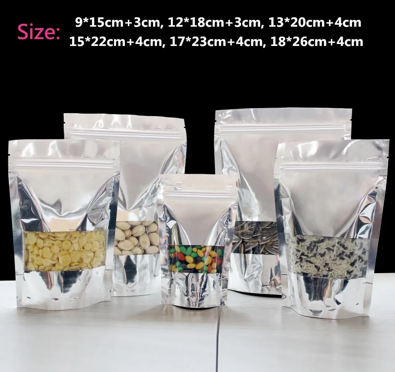 100pcs/lot-7sizes Stand Up Aluminized Pouch with Clear Window Zip Lock Seal Bags Food Powder Candy Party Gift Packaging Bag