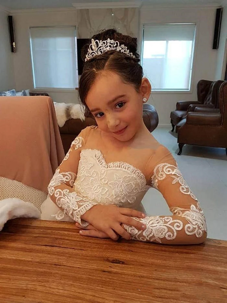 2021 najnowsze słodkie Jewel Flower Girl suknie urodzinowe suknia przezroczysta szyja z długim rękawem z koronki aplikacja dzieci dziewczyny sukienka na konkurs piękności