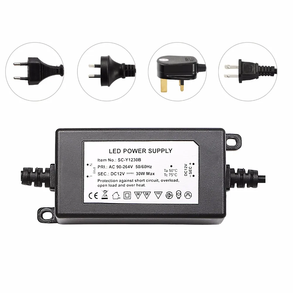 30W Switching Adapter Transform Black AC 90-260V into DC 12V with Waterproof Connectors Interior/Exterior LED Lights Driver IP67