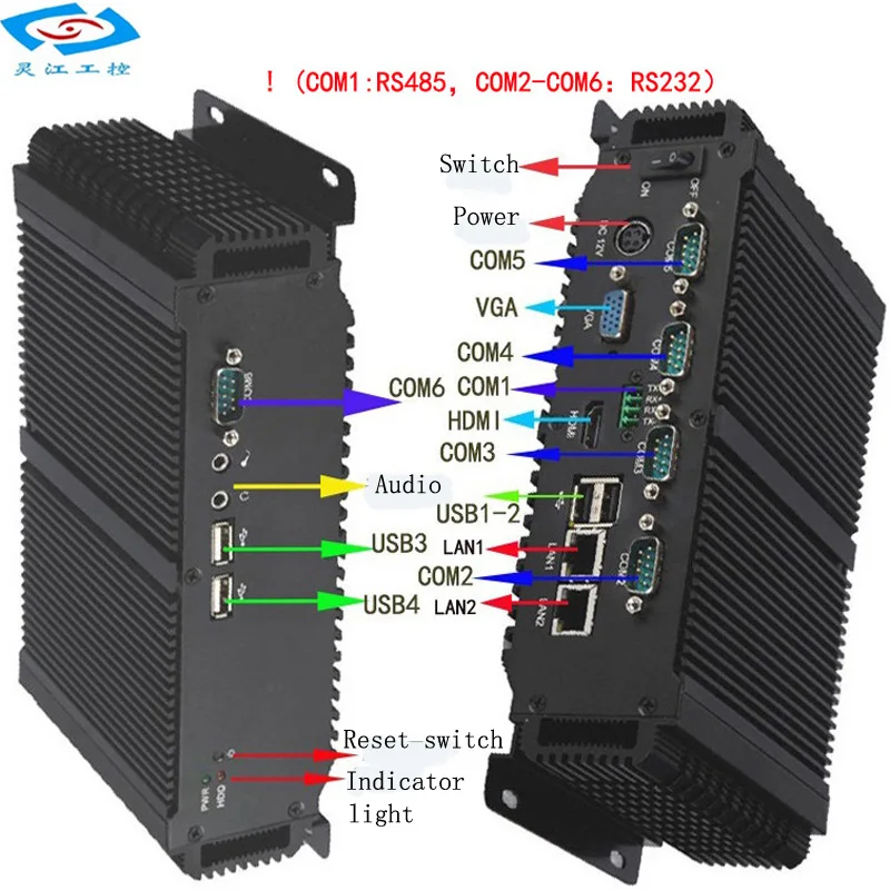 Groothandel Industriële Computer 6 * Com & 4 * Usb 1 * Vga 1 * Hdmi Fanless Embedded Mini Pc xp Systeem 4Gb Ram 64Gb Rom